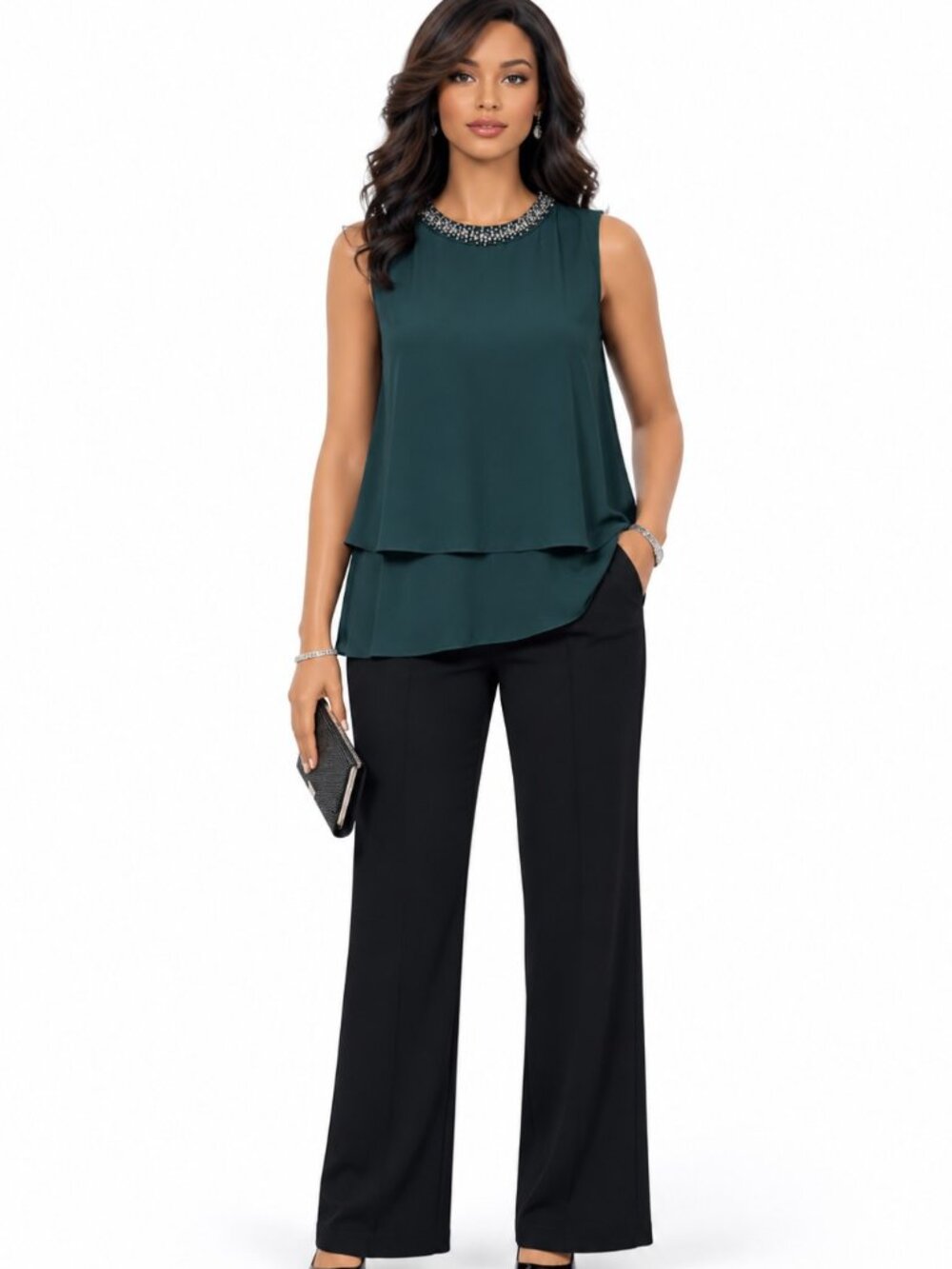 Fab'rik Women's Medium teal beaded Neckline layered Tunic sleeveless Blouse